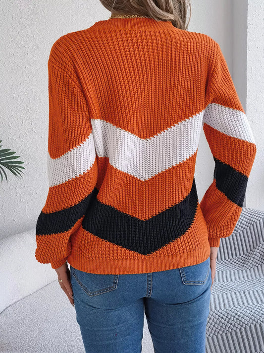 Chevron Stripe Color Block Round Neck Sweater
