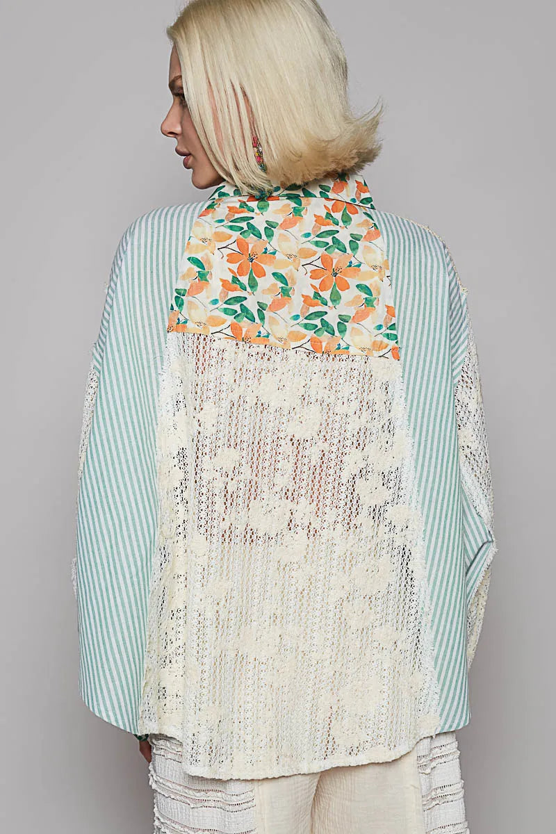 POL Lace Long Sleeve Shirt with Floral and Striped Pattern