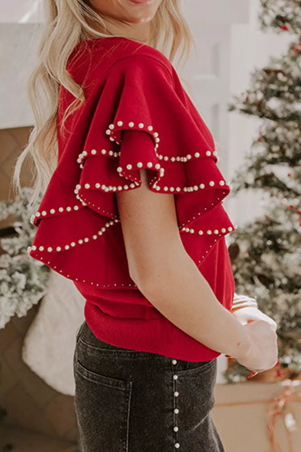 Ruffle Sleeve Pearl Embellished Knit Top