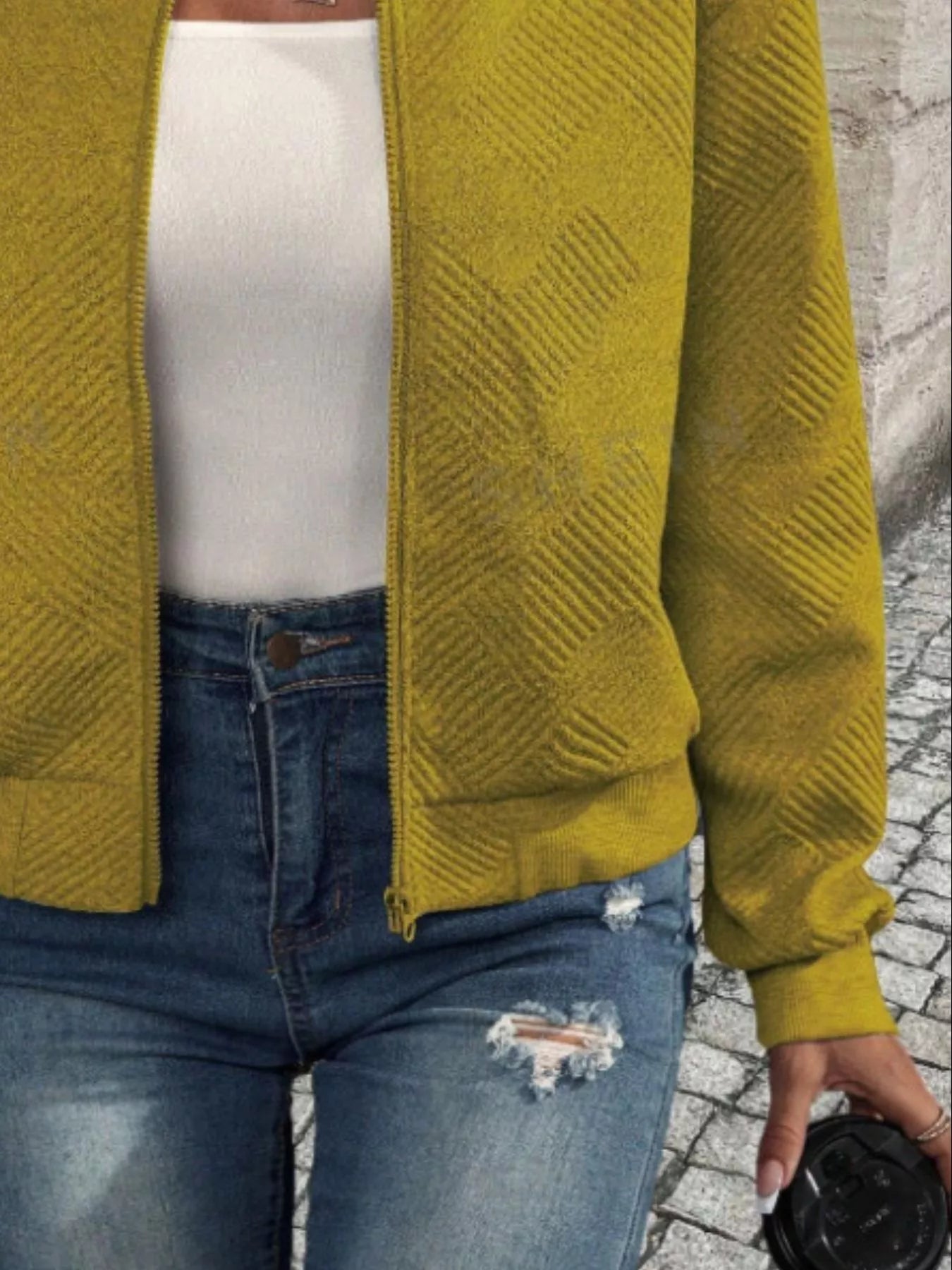 Textured Knit Zip-Up Bomber Jacket