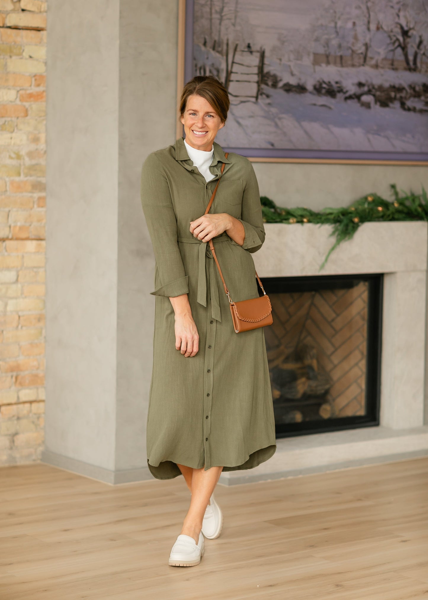 Essential Linen Shirt Dress Olive