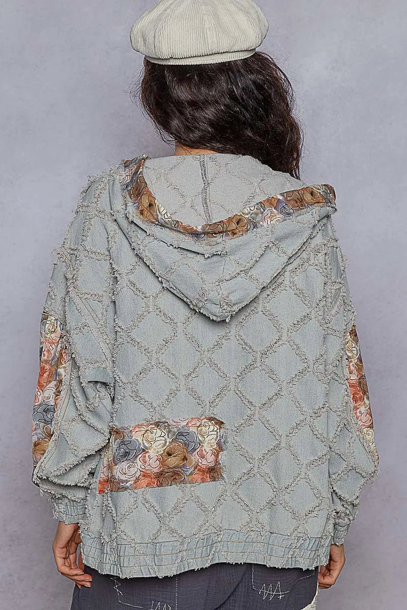 POL Zip Up Floral and Lace Patch Washed Denim Jacket