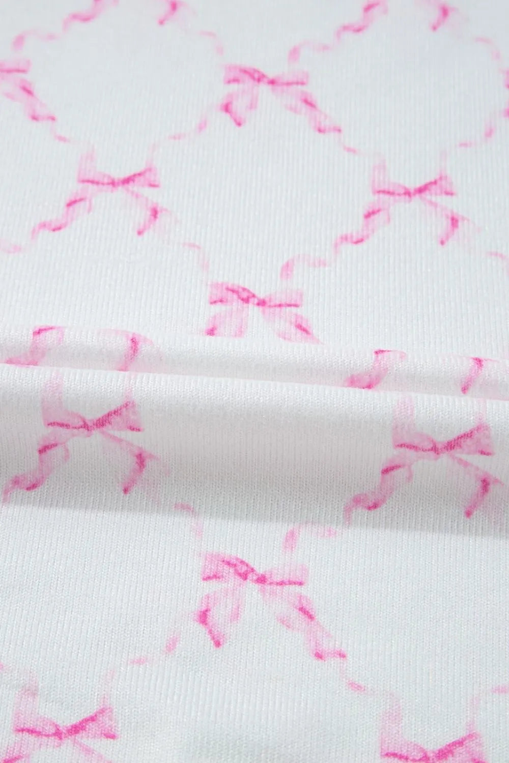 Bow Print Lettuce Trim Round Neck Top and Shorts Lounge Set