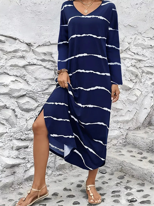 Striped V-Neck Long Sleeve Dress
