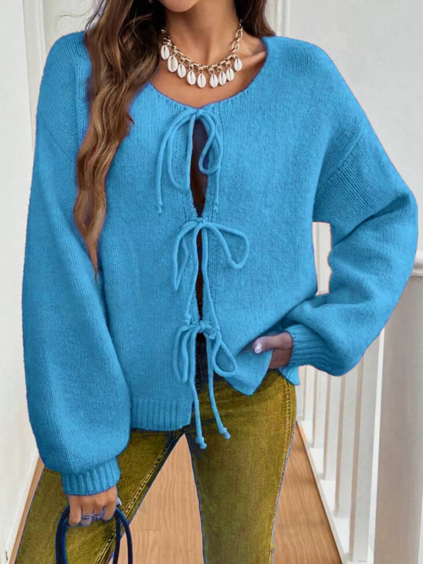 Tie-Front Long Sleeve Cardigan Sky Blue