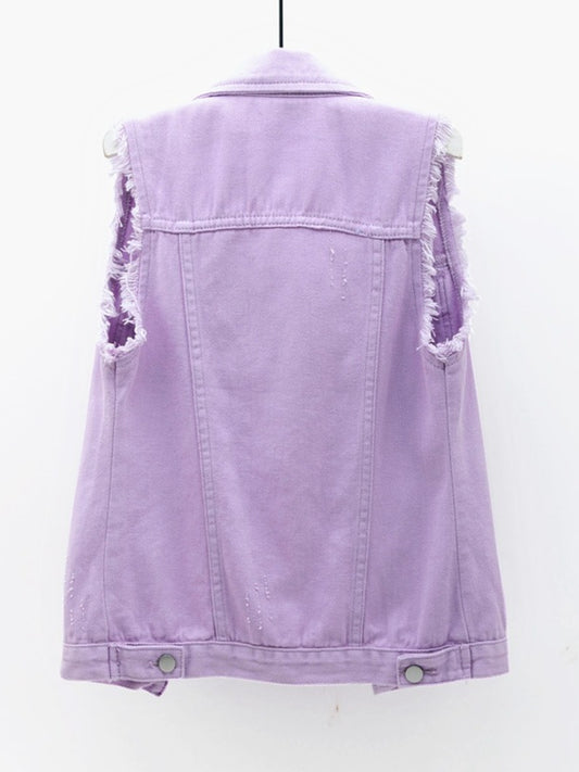 Full Size Button Down Raw Hem Sleeveless Denim Jacket Plus Size