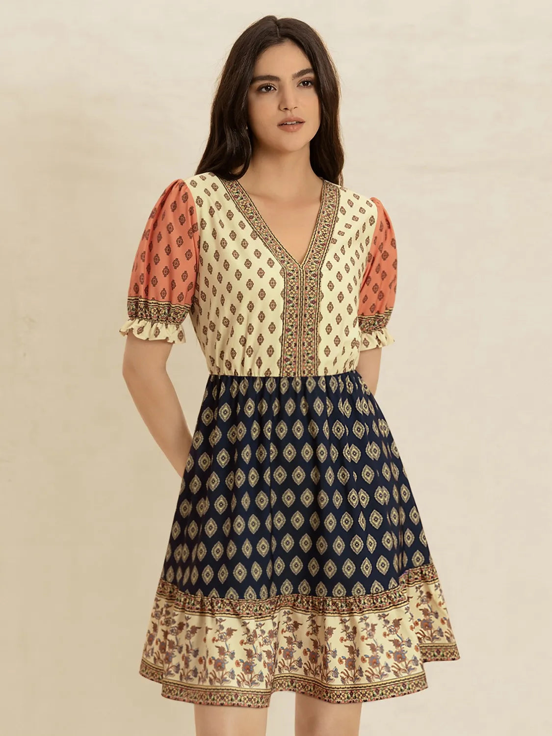 Printed V-Neck Short Sleeve Dress