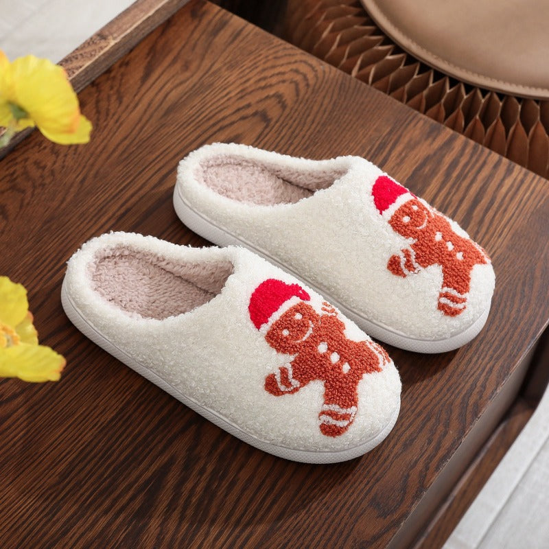 Christmas Gingerbread Man Pattern Unisex Home Winter Furry Slippers White