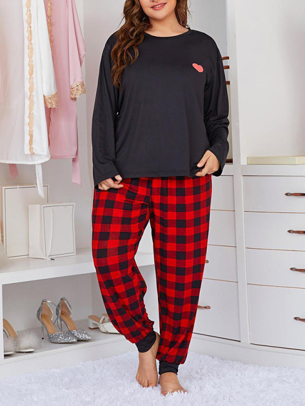 Plus Size Women's Long Sleeve Plaid Trousers Home Pajamas Set Black