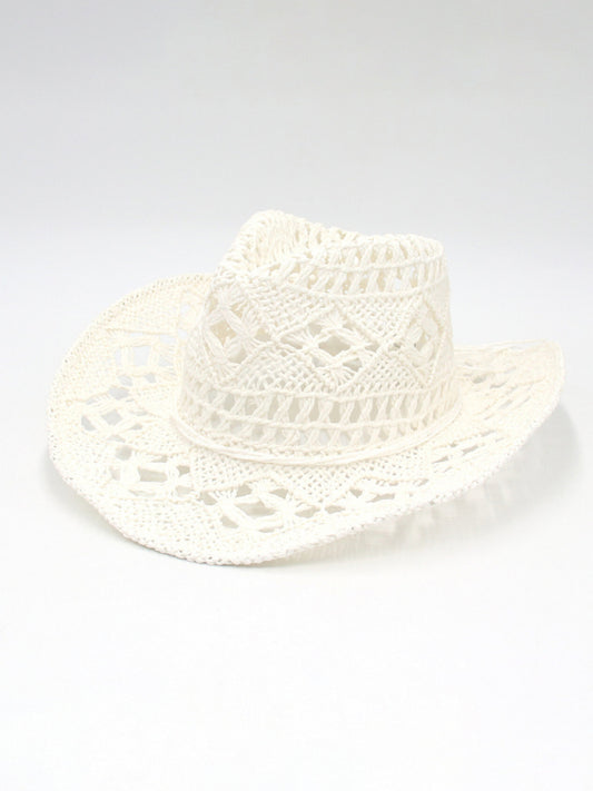 Modern hollow cowboy hat, hand-knitted straw hat, jazz hat with raised brim