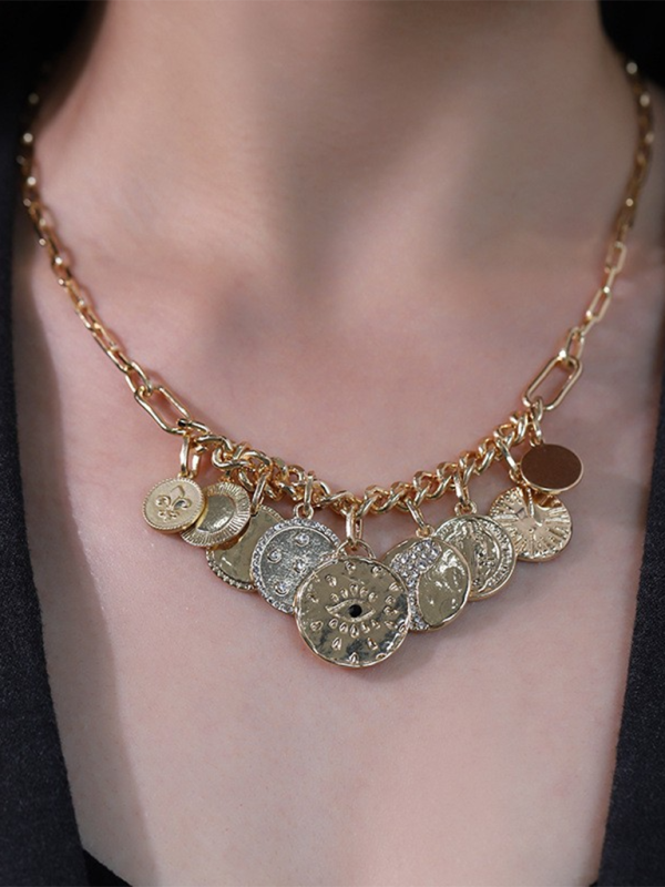 Modern mystical coin-set diamond relief small pendant bib necklace Pattern1 FREESIZE