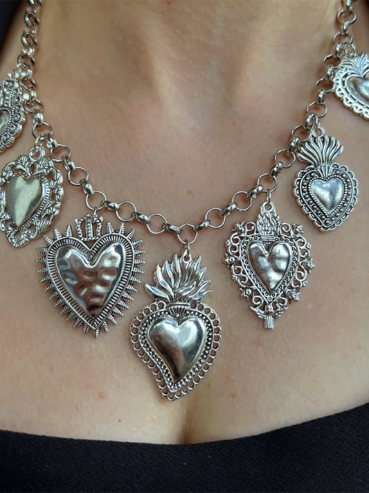 Multiple Sacred Heart Pendant Necklace Silver Chain Personalized Design Female Jewelry