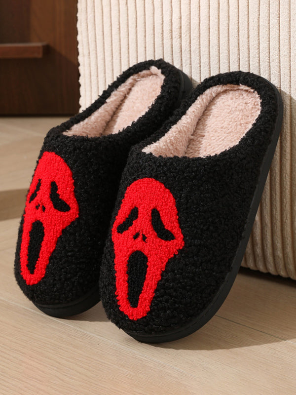 Halloween contrasting skull ghost face pattern indoor home plush warm slippers Black