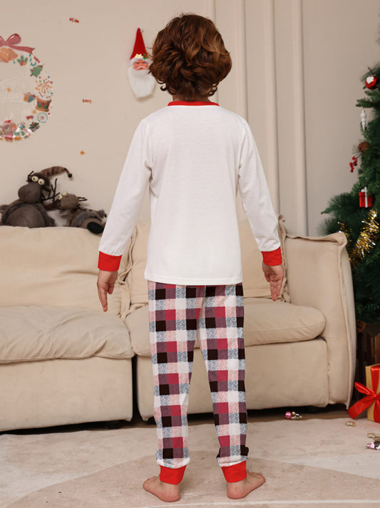 Deer head letter print Christmas parent-child plaid long-sleeved home clothes two-piece set