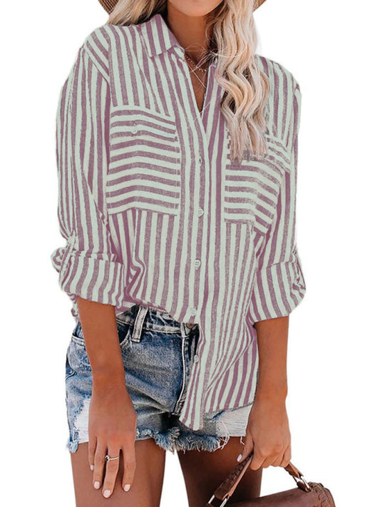 Striped Long Sleeve Shirt - Linen Cotton Button Down Blouse for Women Pink