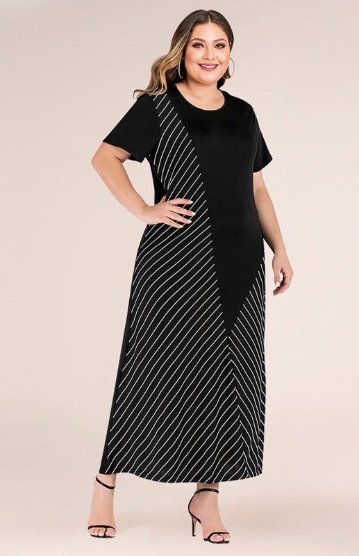 Plus Size Striped Dress - Short Sleeve Round Neck Colorblock Dress