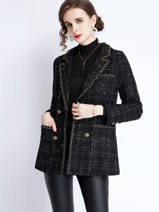 Women's Tweed Blazer Jacket - Long Sleeve - Lapel Collar - Tartan