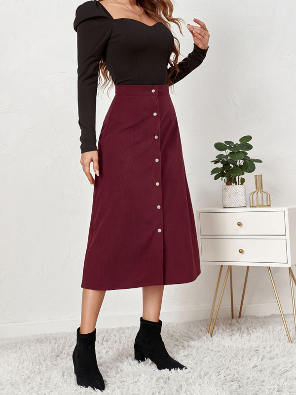 Corduroy Skirt Women Single Breasted High Waisted Mini Wine Red