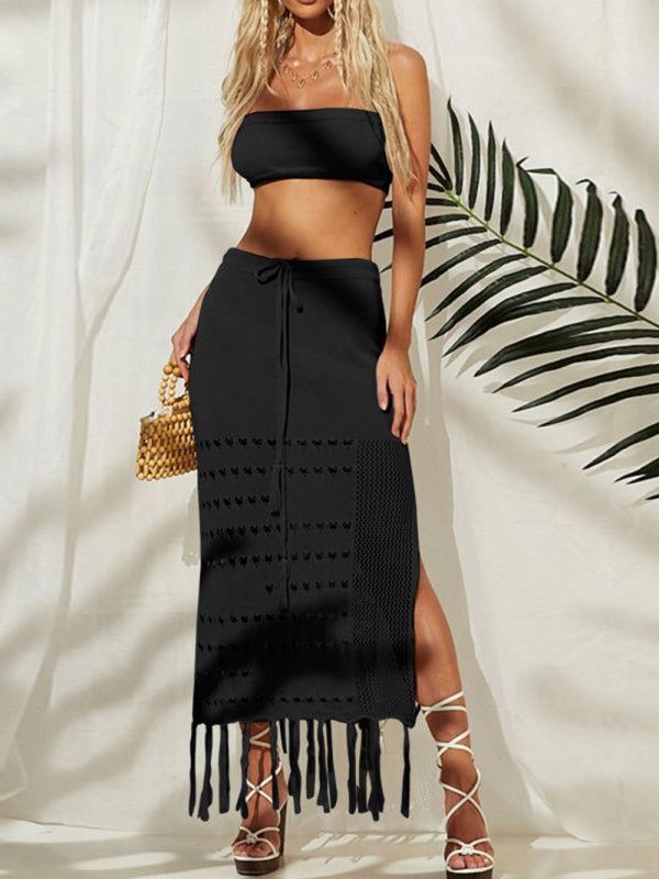 Women's bikini cover-up top wrap chest dress two-piece tie-up tassel beach sunscreen dress Black