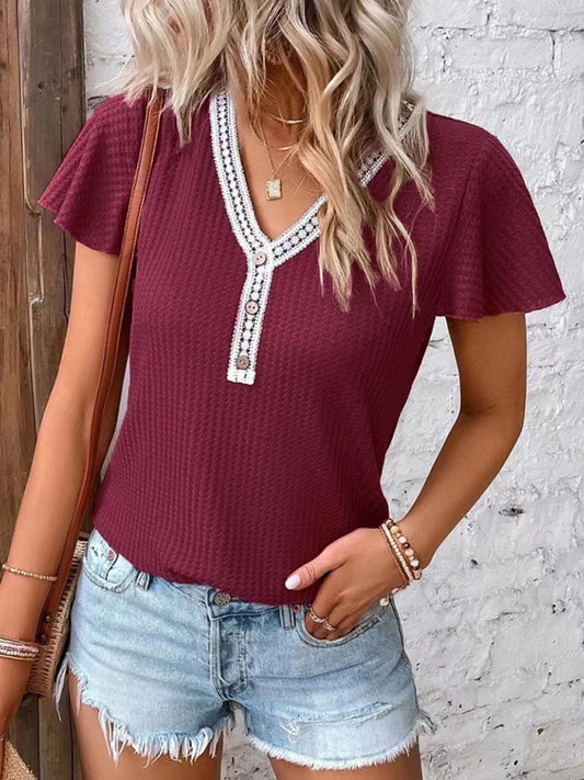Waffle Knit V-Neck Tank Top Dropped Shoulder Women's Sleeveless Tee Wine Red