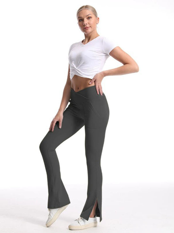 Women's High-Waist Wide Leg Pants - Slit Design & Tummy Control Grey