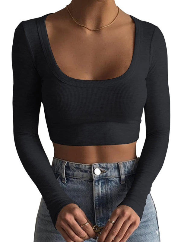 New women's large round neck long-sleeved ultra-short slim fit navel-baring bottoming T-shirt top Black