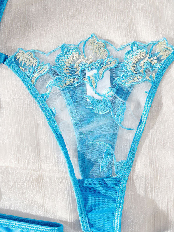 Modern sexy and interesting lace embroidery flower see-through underwear and garter set