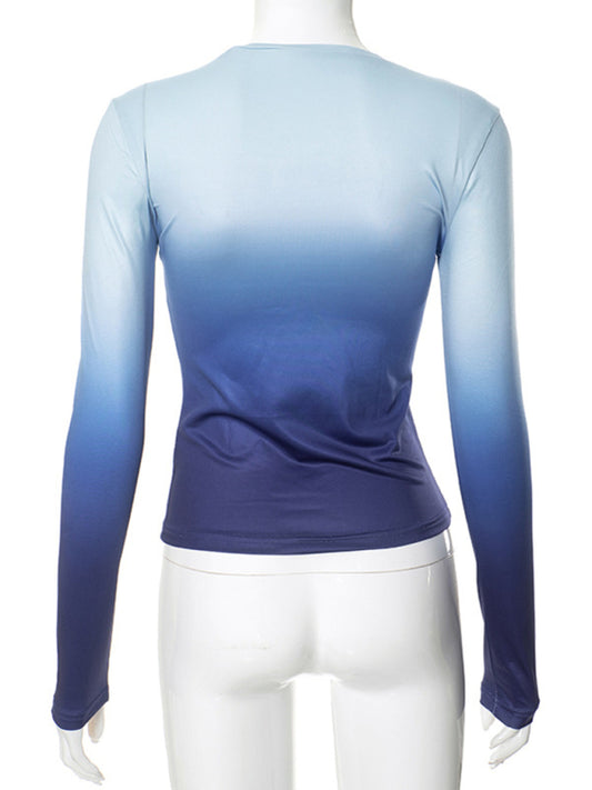 Gradient Print Round Neck Long Sleeve Polyester Women's Top