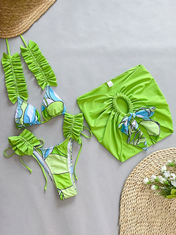 Women's new three-piece bikini ruffled edge split swimsuit Green
