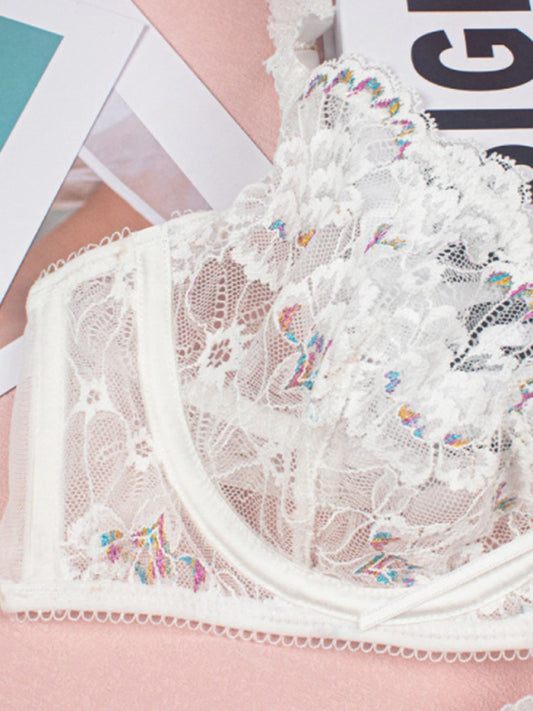 Women's Modern Sexy Flower Embroidered Lingerie Set Lace Thong Bra Three-Piece Set with Underwire