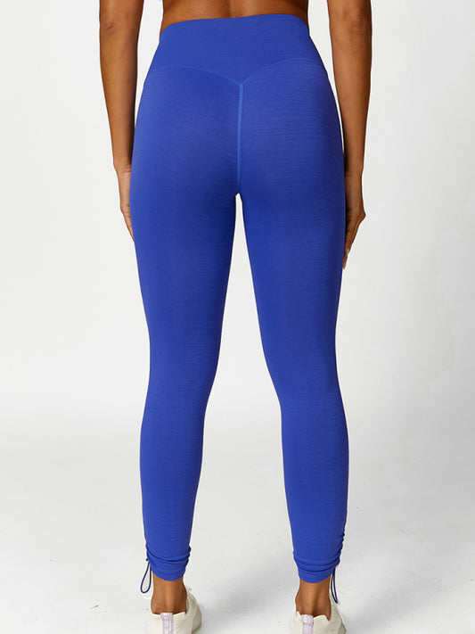 Women's Drawstring Yoga Breathable Solid Color Running Tights Blue