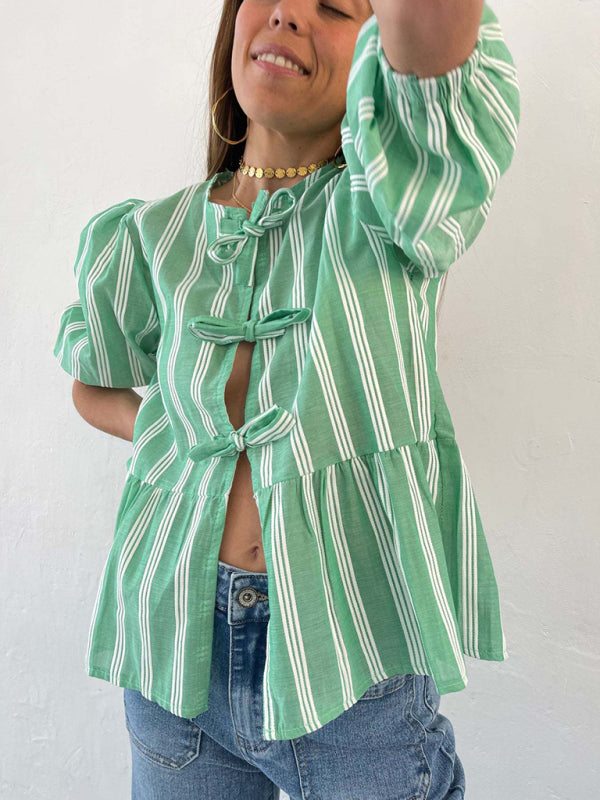 Modern striped lace mid-sleeve loose patchwork shirt Green