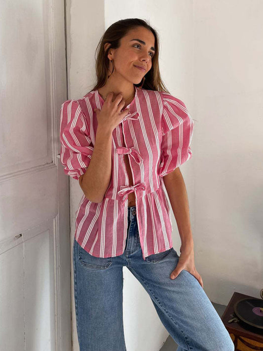 Modern striped lace mid-sleeve loose patchwork shirt