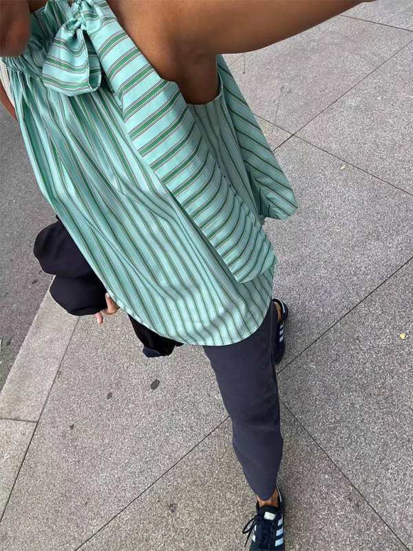 Ruffle Collar Striped Top - Casual Loose Sleeveless Blouse for Women