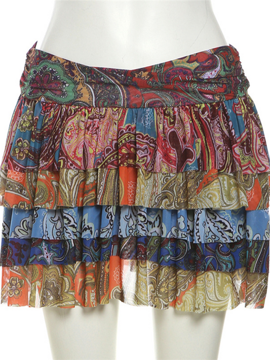 Colorful Printed Pleated Skirt Women Hip Hugging Short Mini