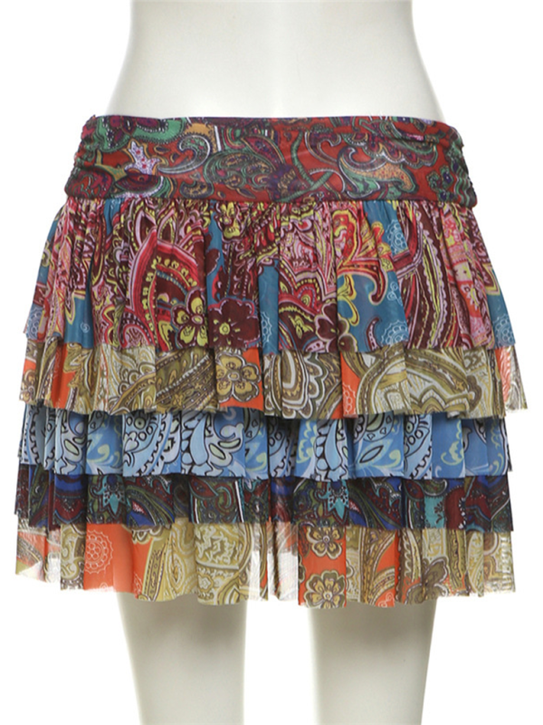 Colorful Printed Pleated Skirt Women Hip Hugging Short Mini