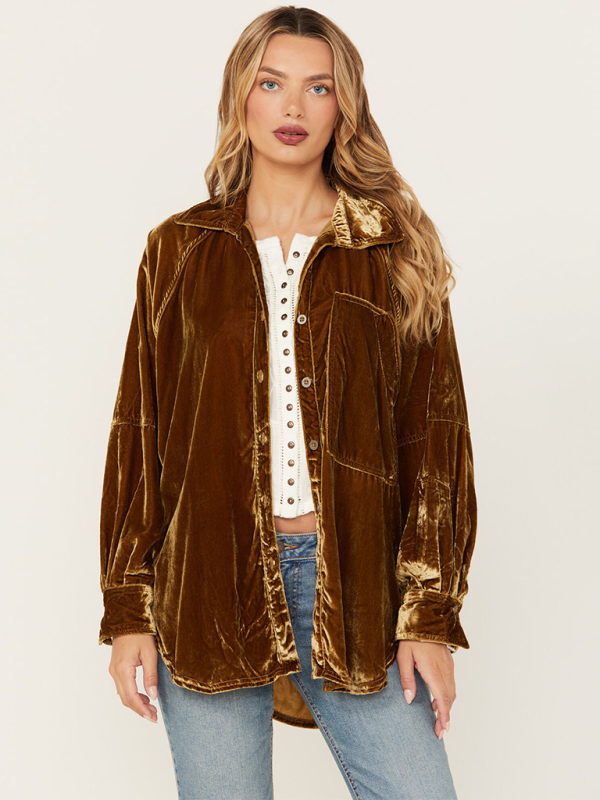Golden Velvet Oversize Long Sleeve Loose Shirt Jacket Earth yellow