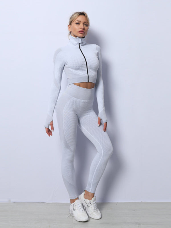 Sports Yoga Clothing Set Fitness Tank Top Jacket High Waist Yoga Pants Three Piece Set Grey