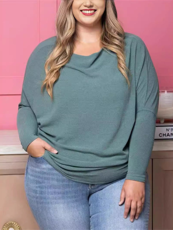 Plus size women's casual solid color long sleeve T-shirt Grey green