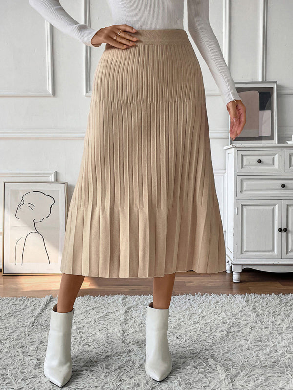 Pleated Knit Skirt for Women - Elastic Waist A-Line Midi Skirt
