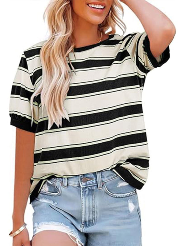 Women's round neck colorful patchwork large striped loose T-shirt Black