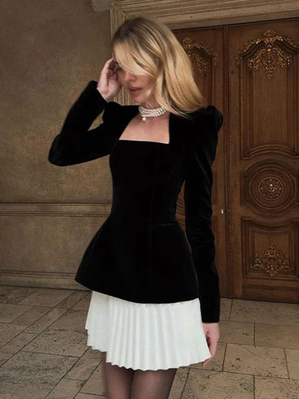 Fashionable and personalized long-sleeved color-blocked pleated hem mini skirt dress Black
