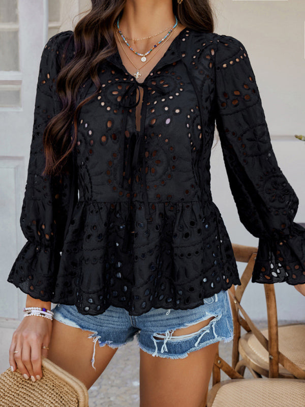 Lace-Up Cardigan with Hollow Details - Loose Vacation Top for Women Black