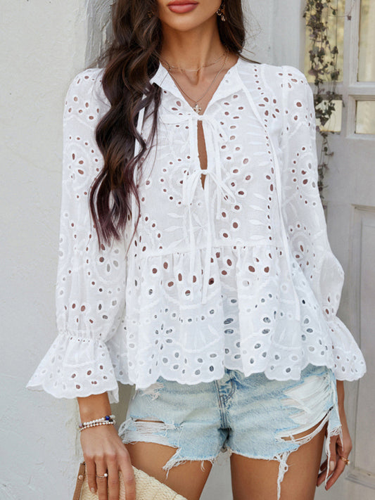 Lace-Up Cardigan with Hollow Details - Loose Vacation Top for Women