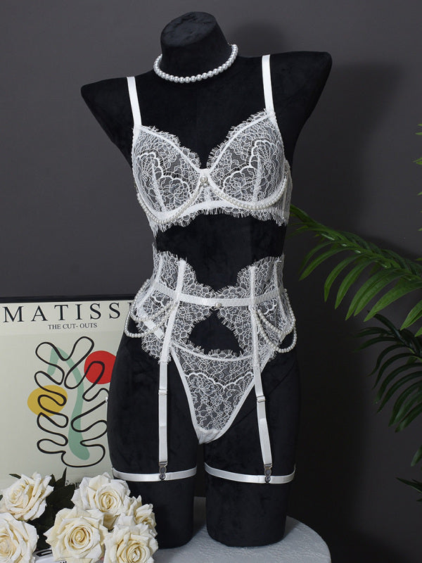 Sexy Bra Handmade Pearl Removable Fishbone Waist Eyelash Lace Bra Set