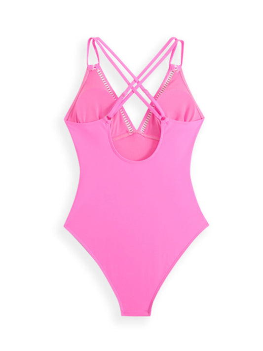 Modern solid color sling hollow one-piece swimsuit