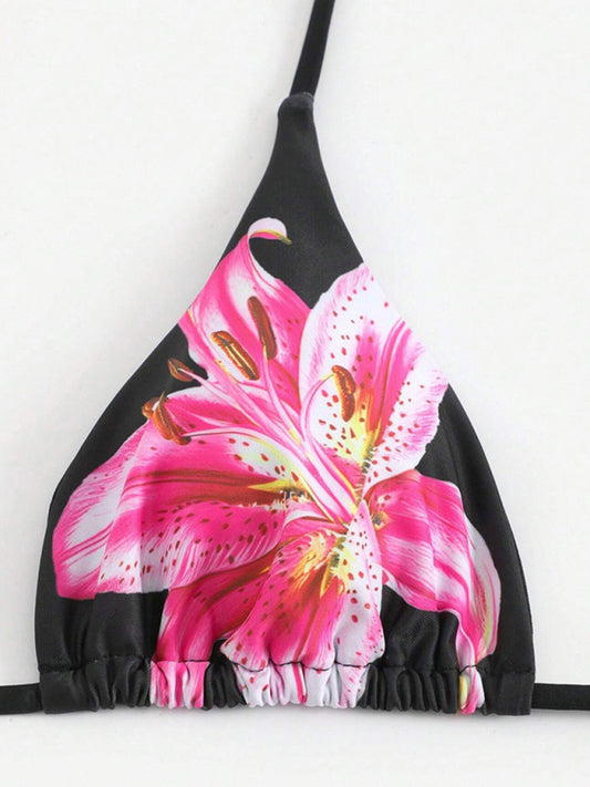 Retro flower print tropical skirt split strap beach three-piece set