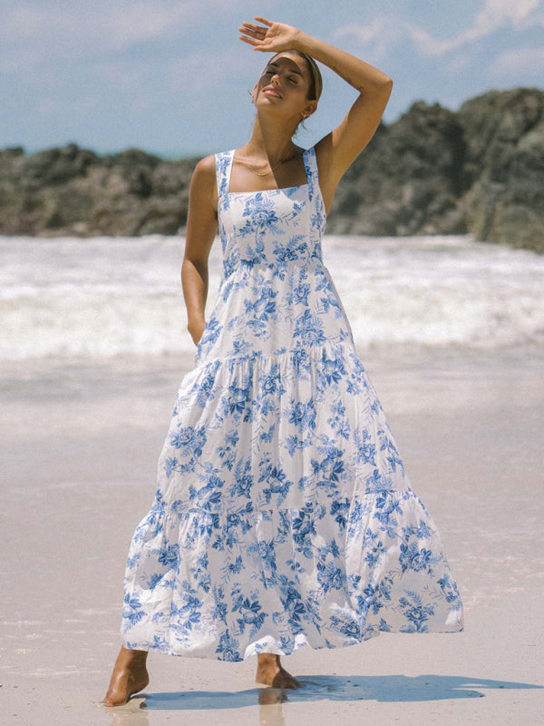 White and blue floral print bohemian holiday beach dress loose suspender dress