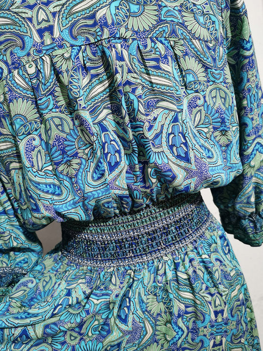 Three-quarter sleeve waisted Bohemian casual holiday beach dress