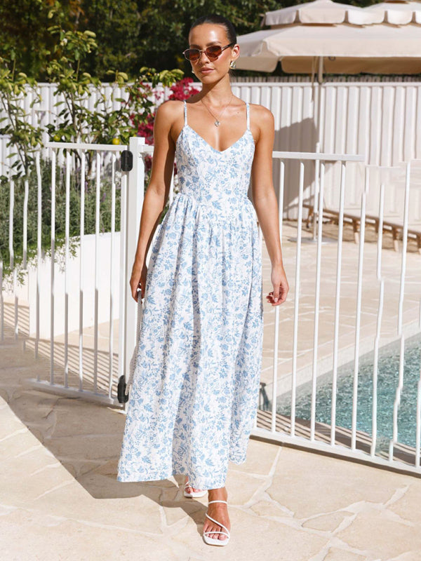 Modern V-neck waist holiday long dress sexy backless bow tie dress Sky blue azure